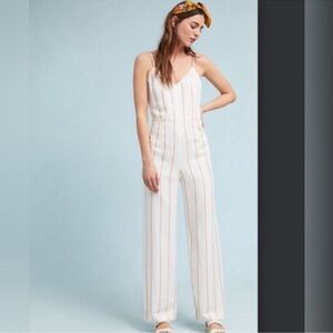 Anthropologie The Essential White Striped Linen Blend Crop Jumpsuit Size 2